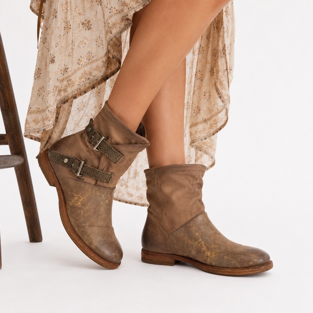 A.S.98 Double Buckle Moto Ankle Short Boots Women 36 6 Brown Distressed Leather